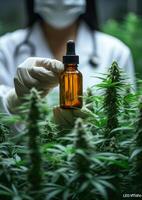 AI generated Scientist holds bottle of CBD oil in her hand in greenhouse. A doctor holding a bottle of cannabis oil photo
