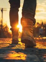 AI generated Men's boots walking on the road at sunset photo