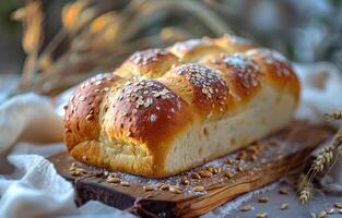 AI generated Challah bread with grains and ears of wheat on wooden board photo
