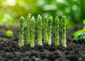 AI generated Green asparagus growing out of the ground photo