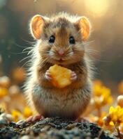 AI generated Cute dormouse eats cheese in the garden photo