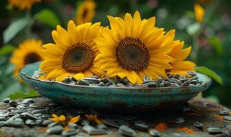 AI generated Sunflowers and sunflower seeds in bowl photo