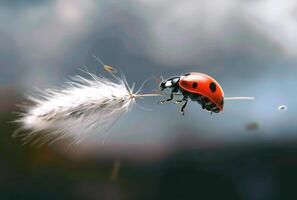 ai generado mariquita volador en espada de césped foto