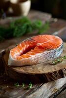 AI generated Fresh raw salmon fillet on wooden cutting board photo