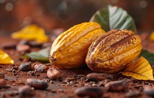 AI generated Cocoa pods and cocoa beans on brown background photo