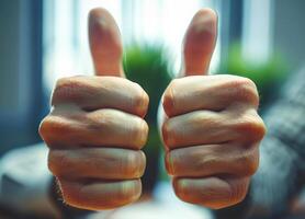 AI generated Two hands making thumbs up sign with blurred background photo