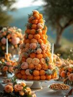 ai generado festivo mesa con pirámide de mandarinas y flores foto