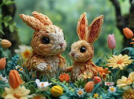 ai generado dos linda Pascua de Resurrección conejitos son sentado en flor jardín entre primavera flores y arboles foto