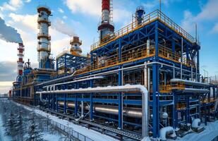 AI generated Oil refinery in the winter. An industrial with large pipes and structures photo