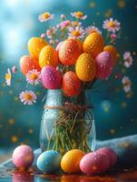 AI generated A bunch of colored eggs in glasses. Colorful easter eggs and spring flowers in glass vase photo