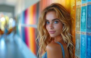 AI generated Beautiful young woman with long blond curly hair and blue eyes posing in colorful hallway photo