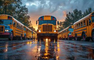 ai generado colegio autobuses estacionado en fila a puesta de sol foto