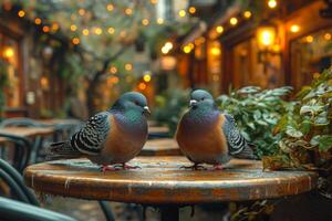 ai generado dos palomas sentar en mesa en al aire libre café foto