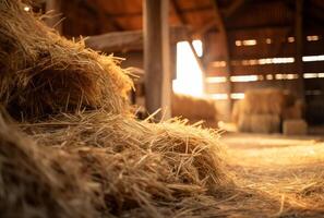 AI generated Hay bales in the barn at sunset photo