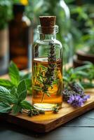 AI generated Bottle of essential oil with fresh herbs on dark background. Cannabis oil for anxiety from cannabis plants photo