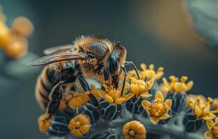 AI generated Bee pollinating flowers. A Bee collects nectar from flowers photo