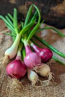 AI generated Red and white onions and green onions on wooden table photo