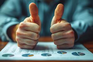 AI generated Businessman sitting at the table and showing thumbs up photo