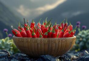 AI generated Red chili peppers in basket on mountain background photo