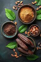 AI generated Cocoa beans cocoa powder cocoa butter and cocoa powder in bowls on dark background photo