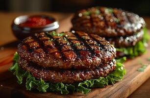 AI generated Two delicious grilled beef burgers on wooden board with fresh salad leaves and tomato sauce in the background photo