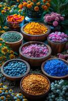 AI generated The colorful flowers and herbs used in Ayurveda medicine photo