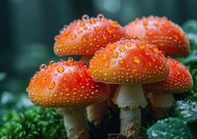 AI generated Red fly agaric mushrooms in the forest photo