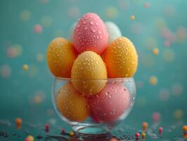 AI generated Colorful easter eggs in glass bowl. A bunch of colored eggs in glasses photo