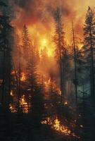 AI generated Forest fire burning through pine forest at sunset. photo