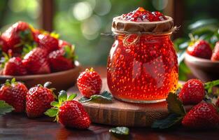 AI generated Jar of strawberry jam on wooden table photo