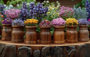 AI generated Beautiful spring flowers in wooden vases. Natural medicine photo