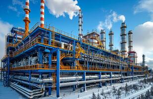 AI generated Oil refinery in the winter. An industrial oil production plant with large pipes and structures photo