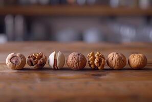 AI generated Walnuts and hazelnuts on wooden table photo