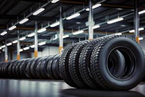 AI generated Tires for sale at tire store. A stack of new tires is stacked high in the garage photo