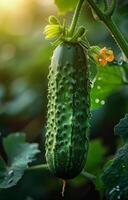 ai generado pepinos son creciente en el jardín. un Pepino colgando en el vino foto