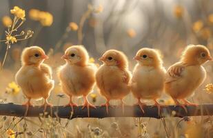 AI generated Five little chicks on branch. A little chickens walking on the fence near grass photo