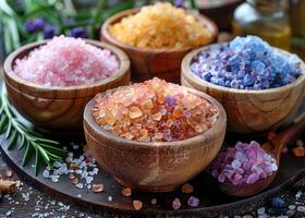 AI generated Variety of natural salts in wooden bowls photo