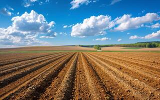 AI generated Furrows row pattern in plowed field prepared for planting crops in spring photo