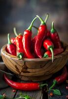 ai generado rojo caliente chile pimientos en de madera cuenco foto