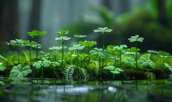 AI generated Small island with water plants. A shamrock leaves grow up and down photo