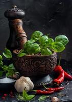 AI generated Fresh green basil in wooden bowl pepper garlic and salt on dark background photo