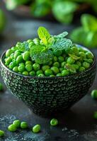 AI generated Green peas in bowl on dark background photo