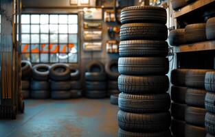 AI generated Tires for sale at tire store. A stack of new tires is stacked high in the garage photo