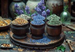 AI generated Different types of dried herbs in bowls on wooden table photo