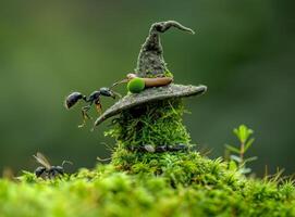 AI generated Photo of an ant carrying on its back a hat made of stone and moss