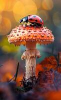 ai generado mariquita y mosca agárico en el otoño bosque foto