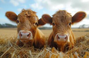 AI generated Two brown cows sitting in hay field photo