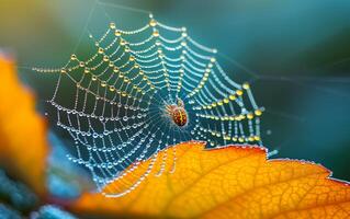 AI generated Spider web with dew drops on colorful foliage in autumn photo