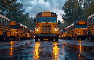 AI generated School buses parked in row. Row of parked school buses ready to pick up students photo
