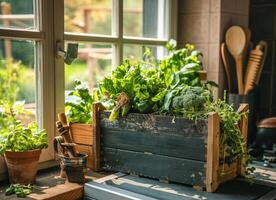 AI generated Fresh green vegetables and herbs on windowsill crate photo